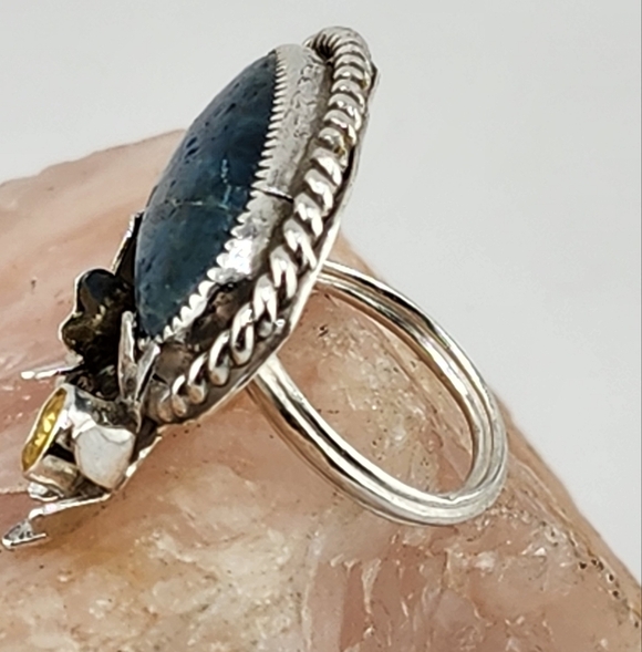 BLUE APATITE & CITRINE FLORAL RING HANDMADE IN RECYCLE STERLING SILVER SZ 8 - Picture 6 of 8